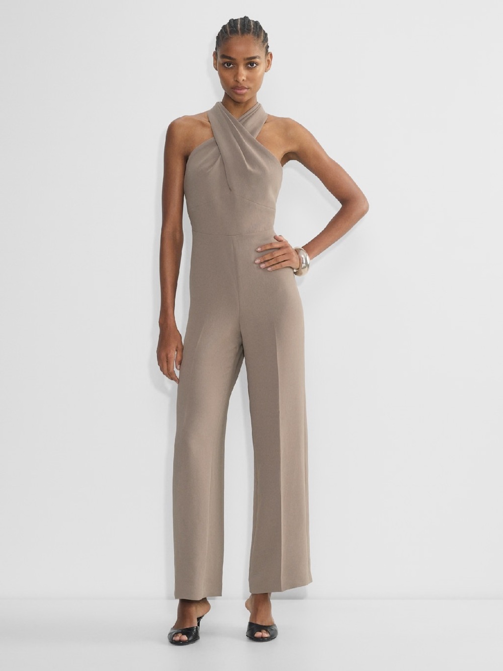Aritzia Wilfred Pageturner Halter Jumpsuit in Taupe Crepe NWT
